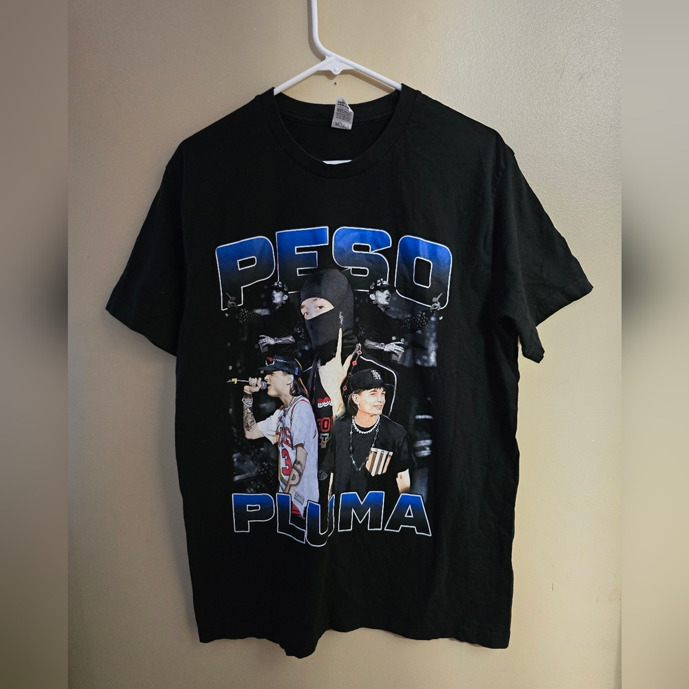 Peso Pluma, Black Graphic T-Shirt with Blue Accents‎